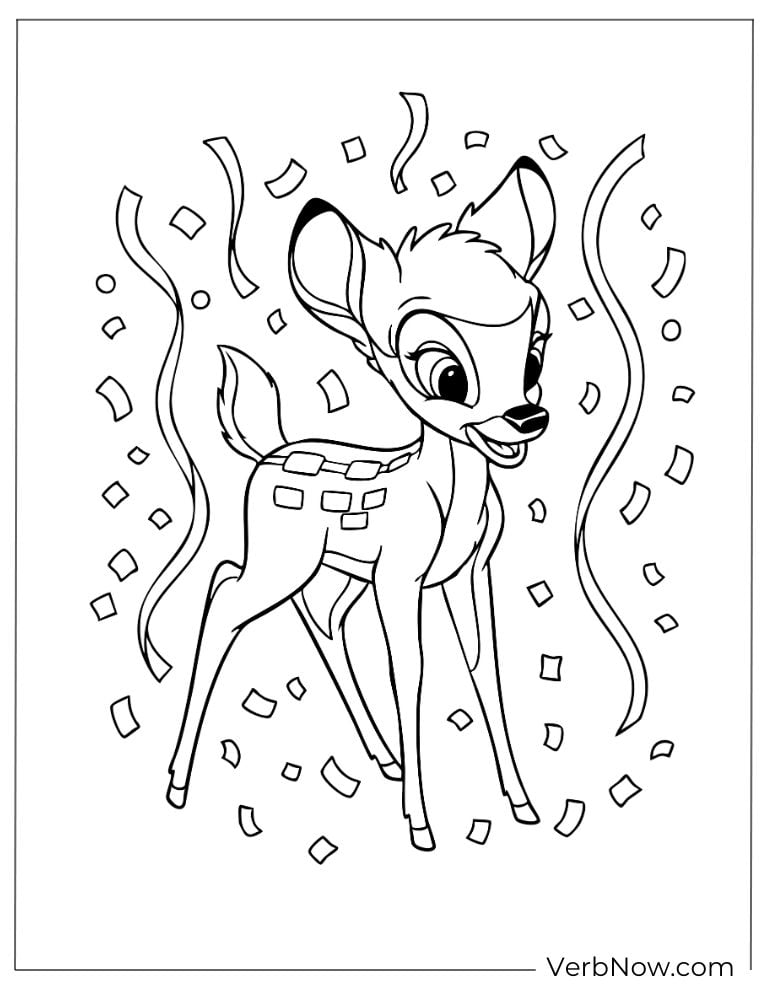 Bambi surrounded by confetti and streamers.