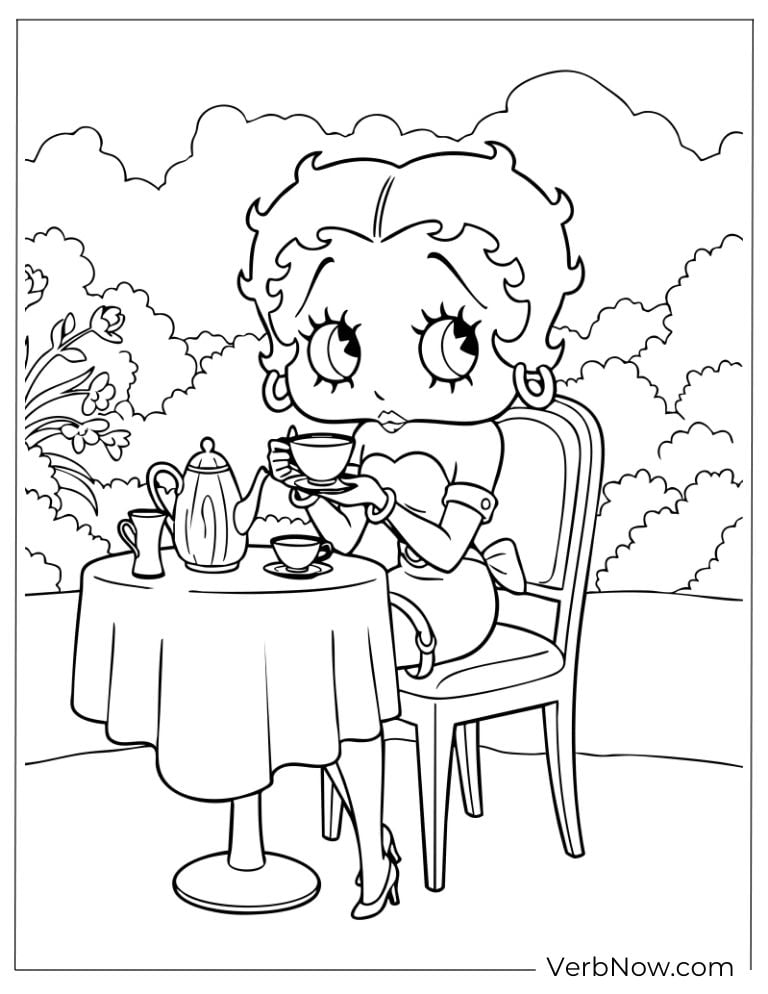Betty Boop enjoying tea at an outdoor café