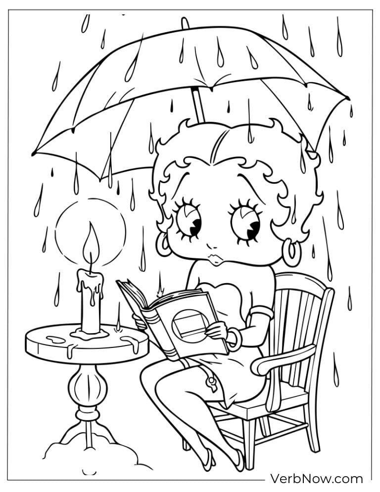 Betty reading a book under an umbrella in the rain