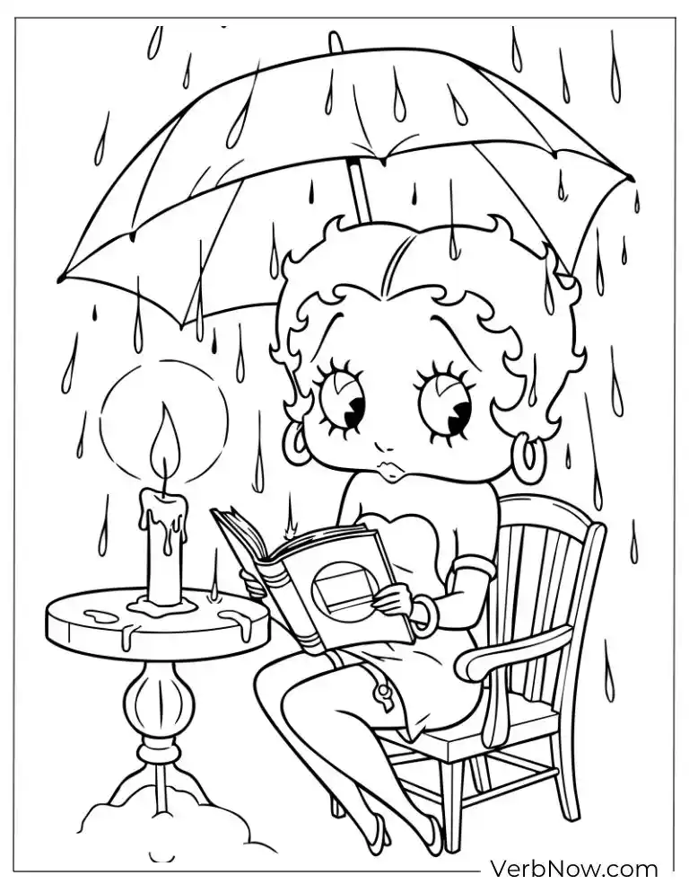 Betty reading a book under an umbrella in the rain