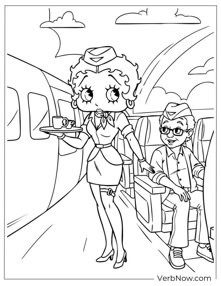 Betty as a flight attendant serving passengers