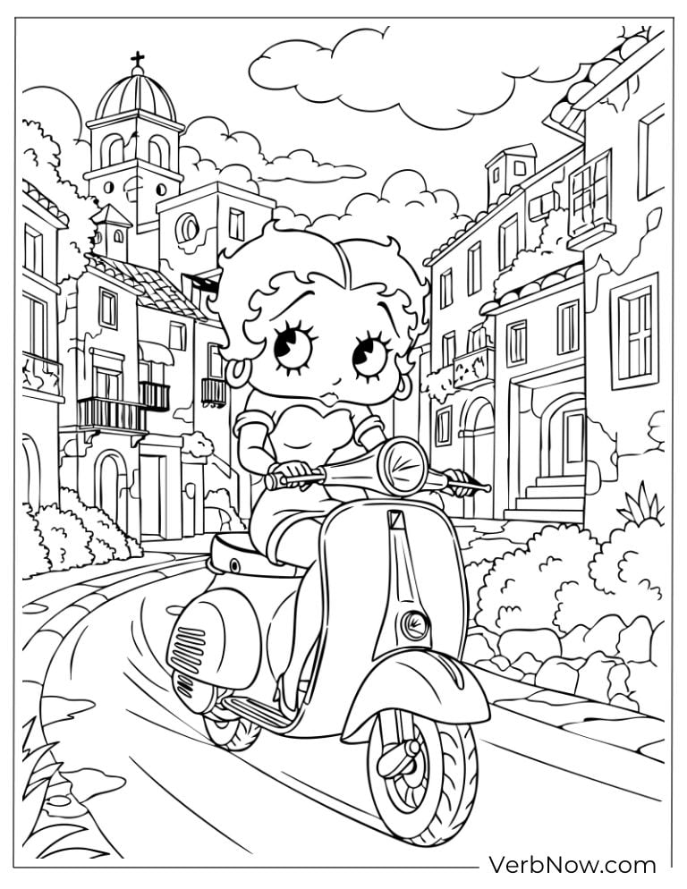 Betty Boop riding a scooter through a charming town