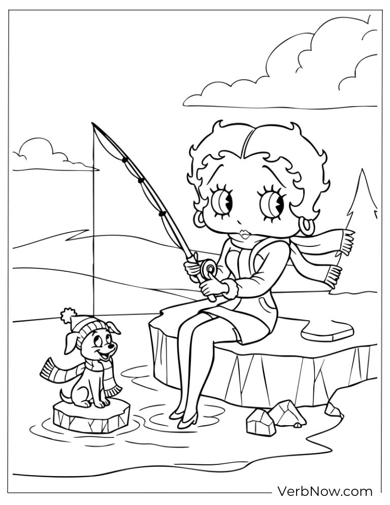 Betty fishing by a lake with her dog