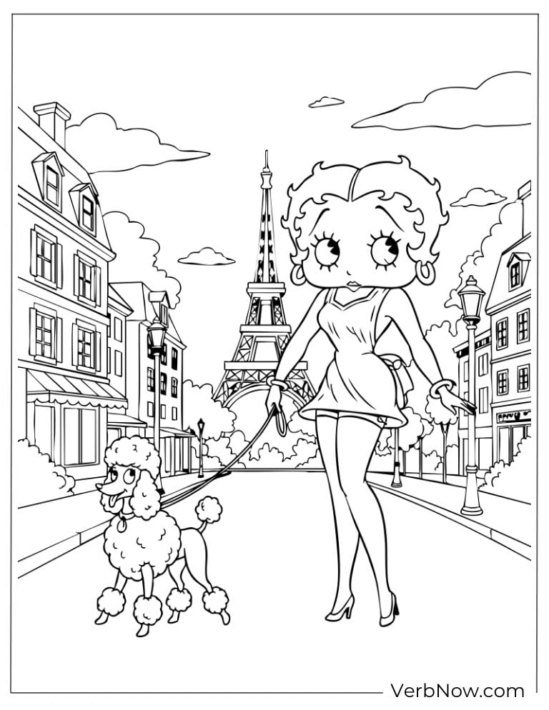 Betty walking her poodle in Paris with the Eiffel Tower