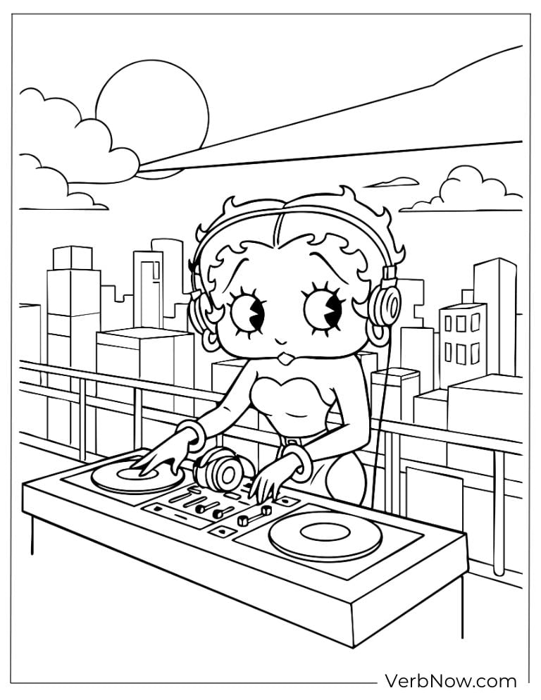 Betty as a DJ mixing music on a rooftop