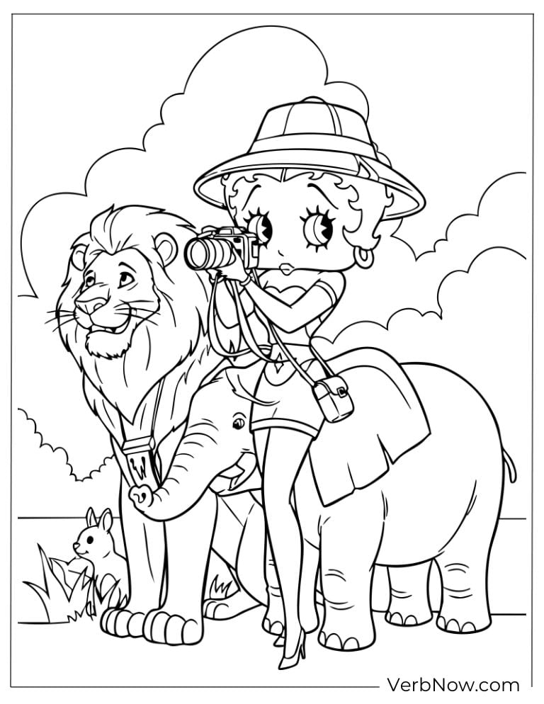 Betty on safari with a lion and elephant