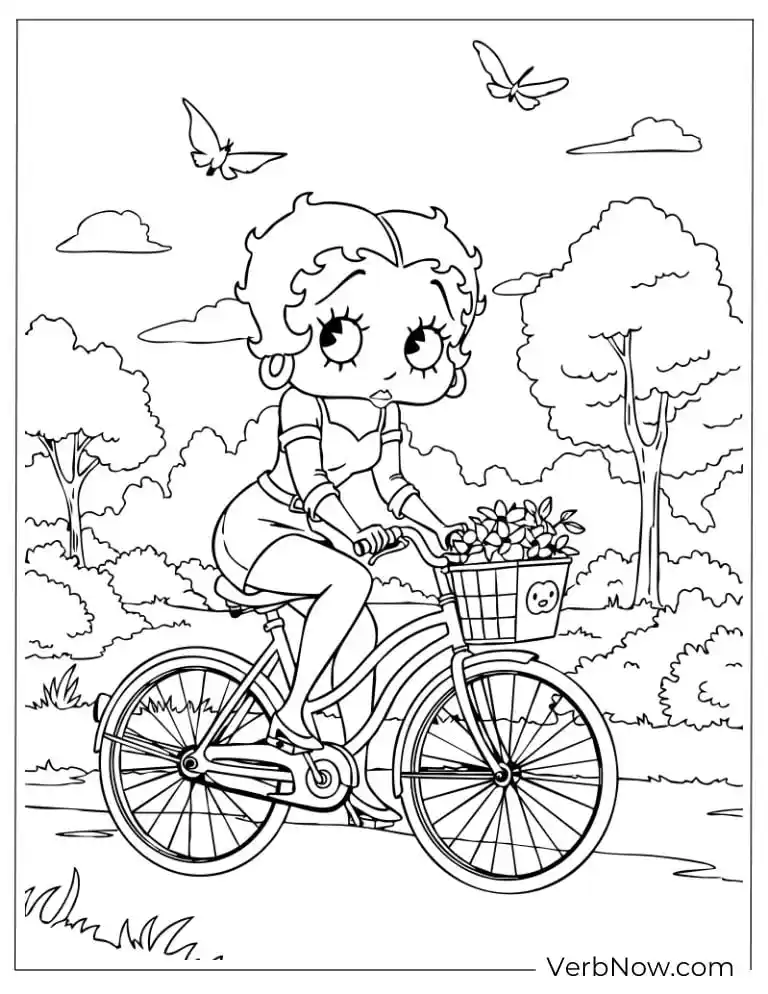 22 Awesome Betty Boop Coloring Pages (Printable PDF) Betty riding a bicycle in the countryside