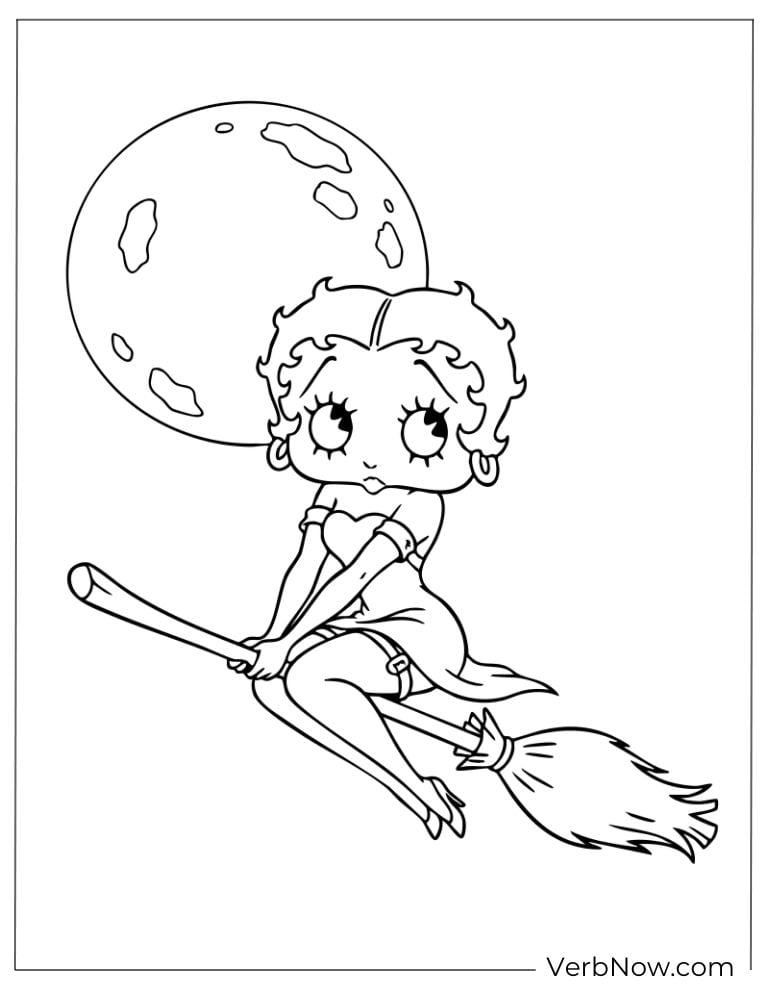 Betty flying on a broomstick under the moon
