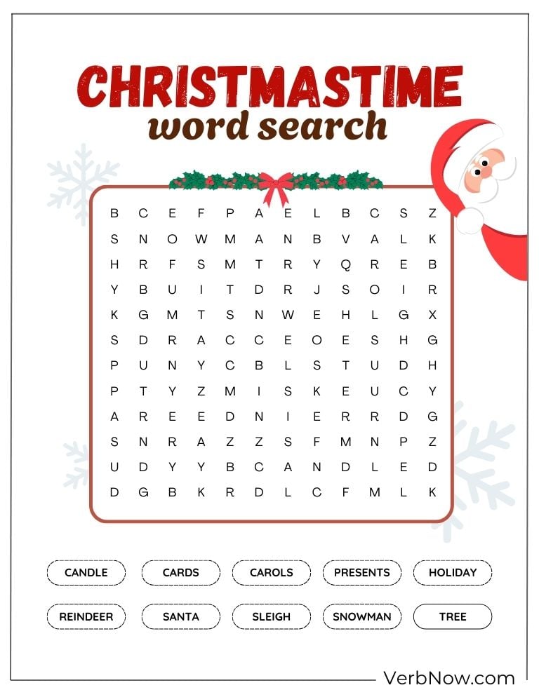 Christmastime word search puzzle with holiday words
