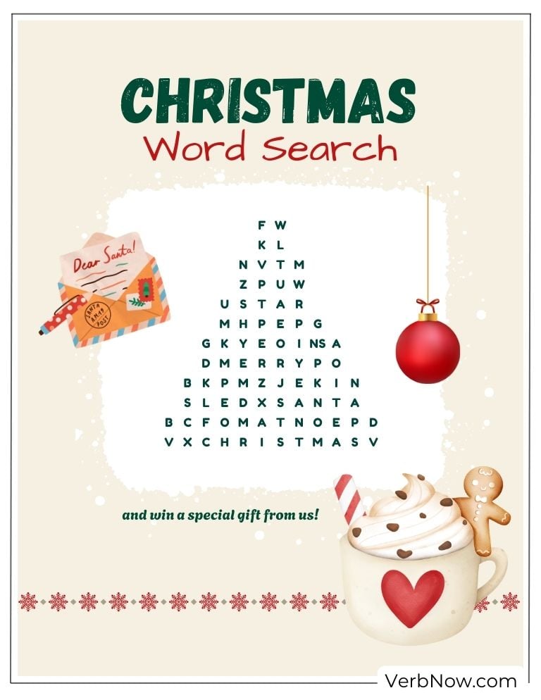 A Christmas word search puzzle filled with festive words