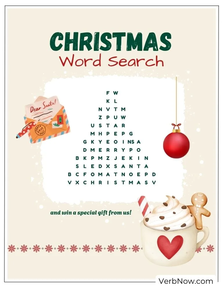 A Christmas word search puzzle filled with festive words