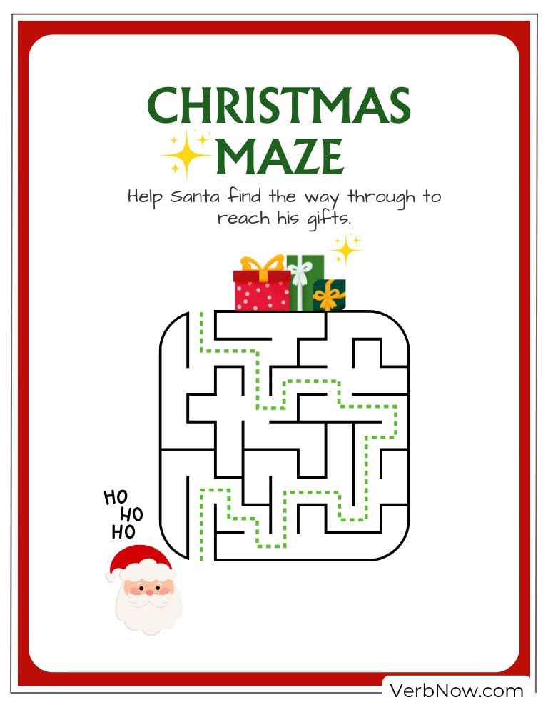 The solved Christmas maze showing the correct path to the gifts
