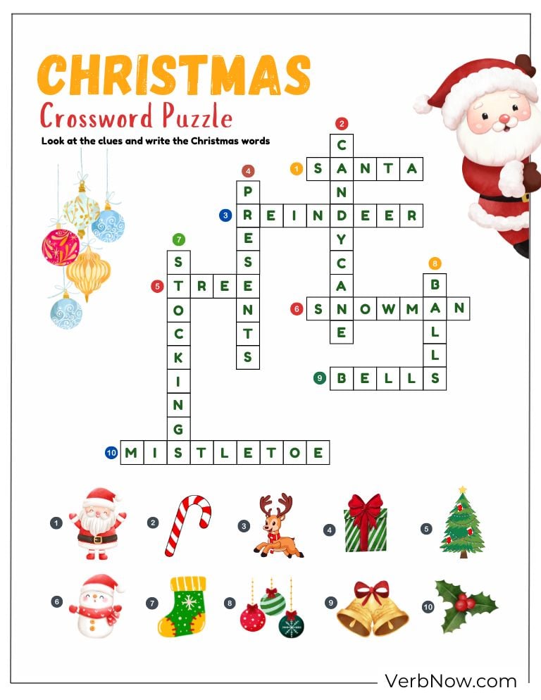 The completed Christmas crossword puzzle with answers filled in