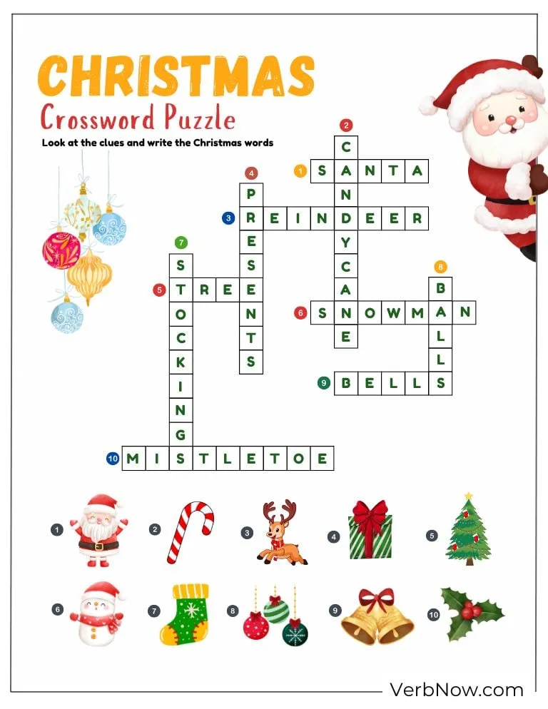 The completed Christmas crossword puzzle with answers filled in