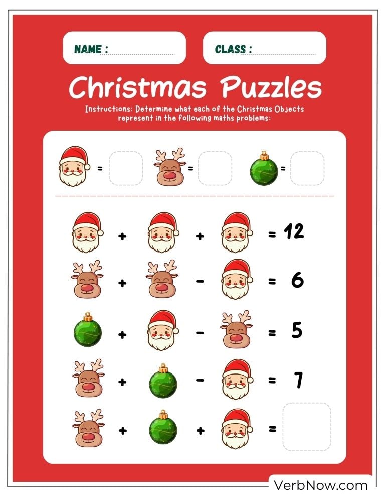 A Christmas math puzzle with Santa, reindeer, and ornaments