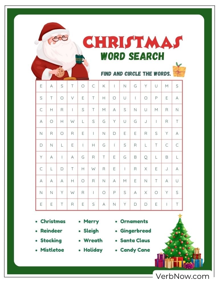 A Christmas word search with festive words to find