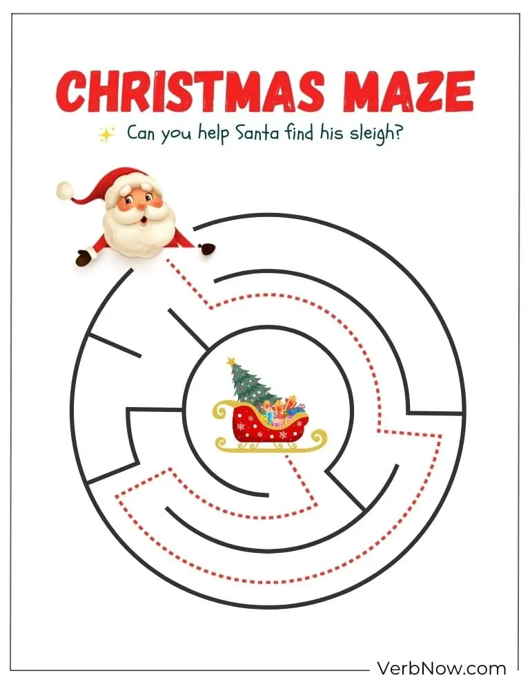 Free Christmas Puzzles for Fun (100% Printable PDF) Christmas maze leading Santa to his sleigh