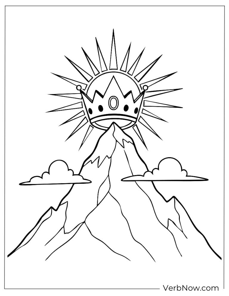 Crown glowing on top of a mountain with sun rays