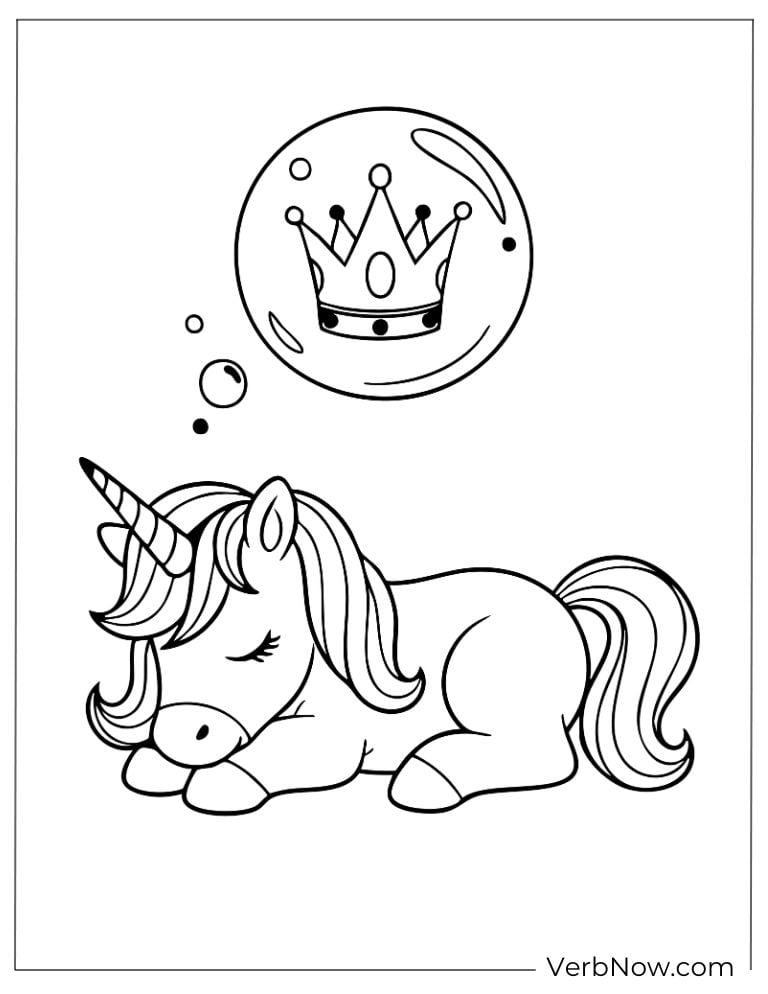 A unicorn dreaming of a crown in thought bubbles