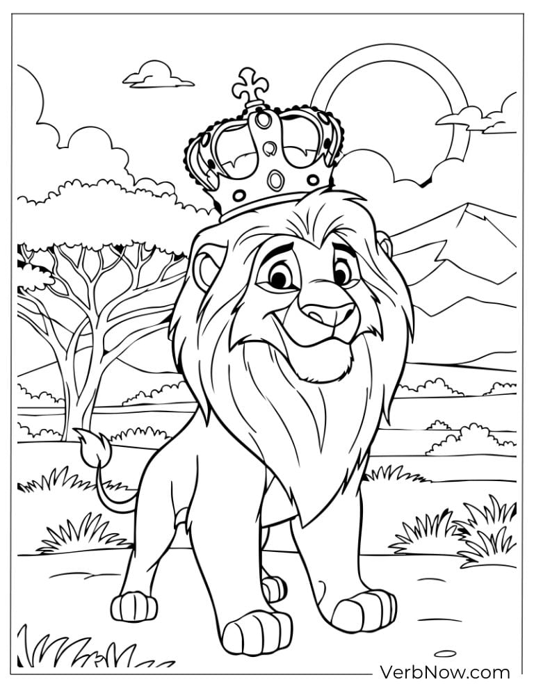 Lion wearing a crown in a savanna landscape