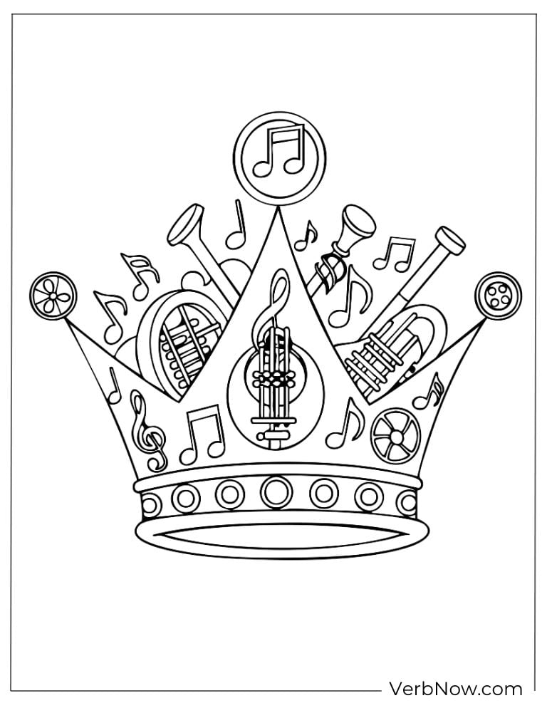 A crown filled with music notes and instruments