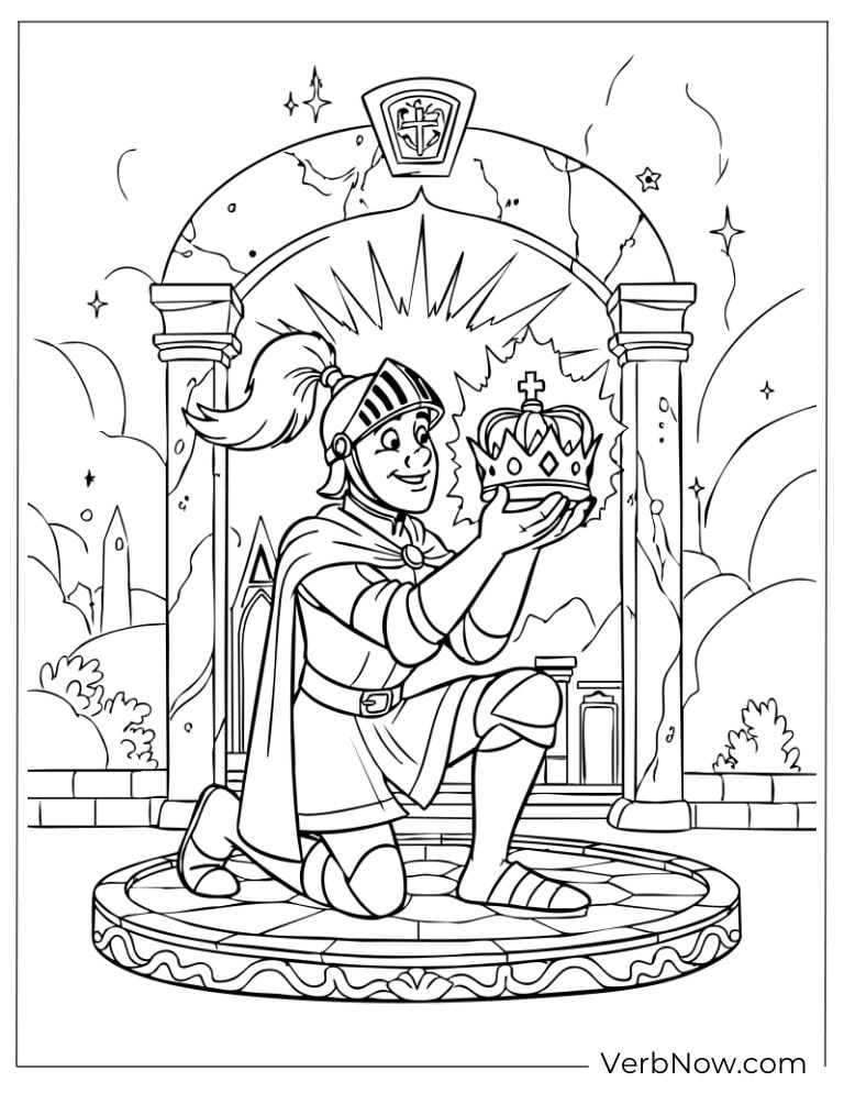 A knight kneeling and holding a glowing crown