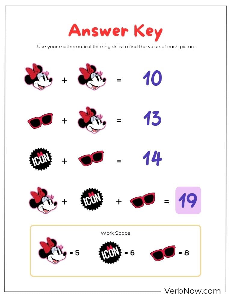 Answer key for a Disney math puzzle with Minnie Mouse
