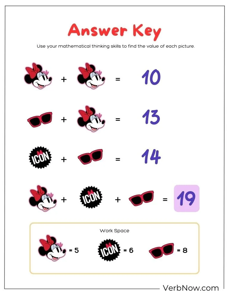 Free Disney Puzzles for Family Fun (100% Printable PDF) Answer key for a Disney math puzzle with Minnie Mouse