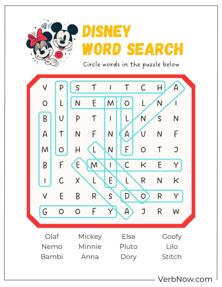 Answer key for a Disney word search puzzle