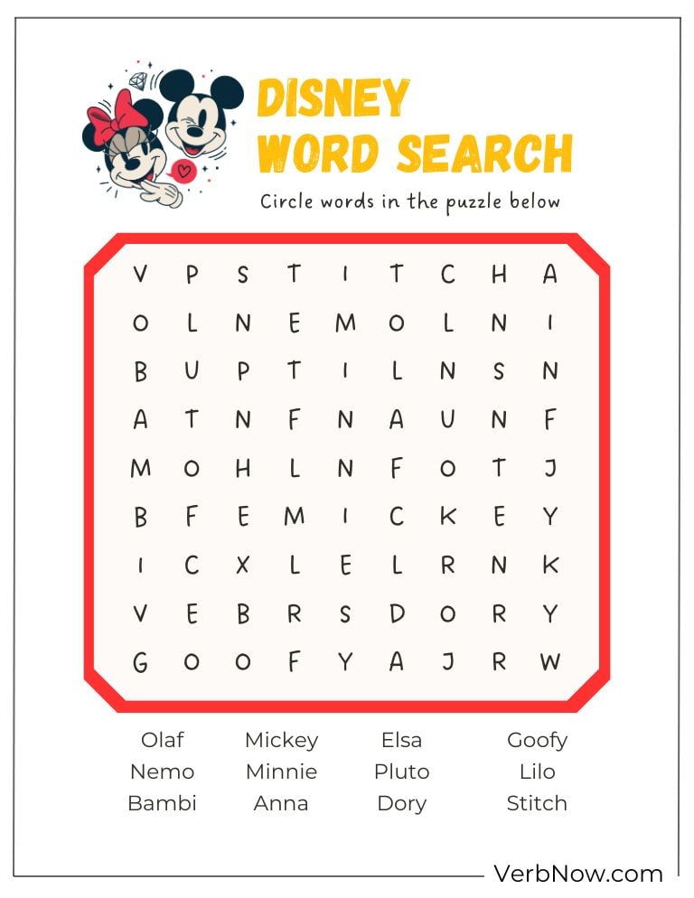 A Disney word search puzzle with character names