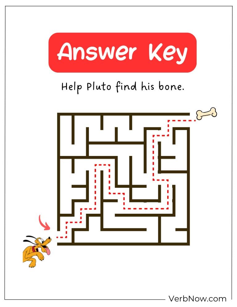 Answer key for Pluto’s maze puzzle showing the path to his bone