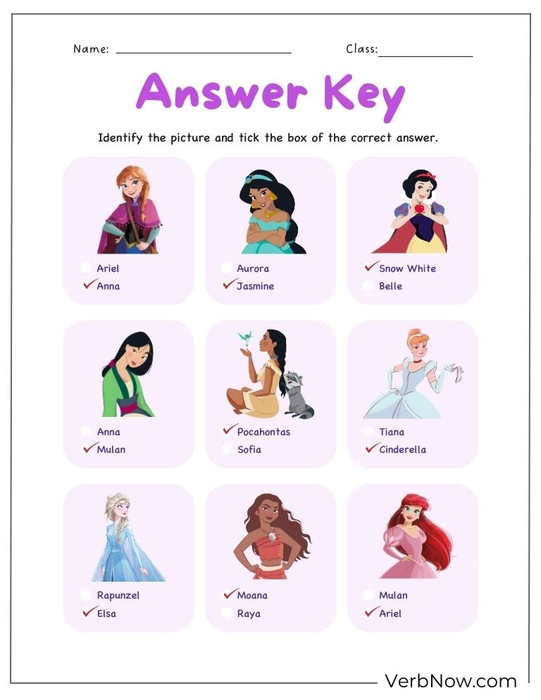 Answer key for a Disney princess identification activity