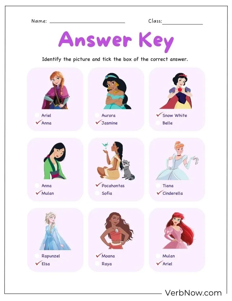 Free Disney Puzzles for Family Fun (100% Printable PDF) Answer key for a Disney princess identification activity