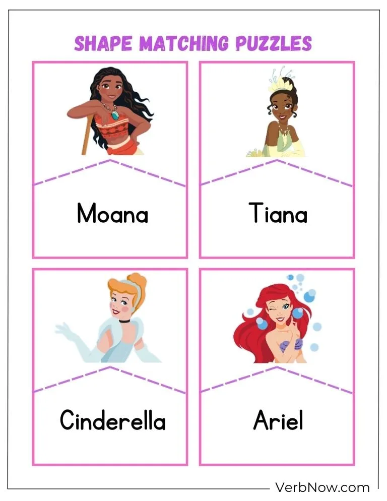 Free Disney Puzzles for Family Fun (100% Printable PDF) Shape matching puzzle featuring Disney princesses