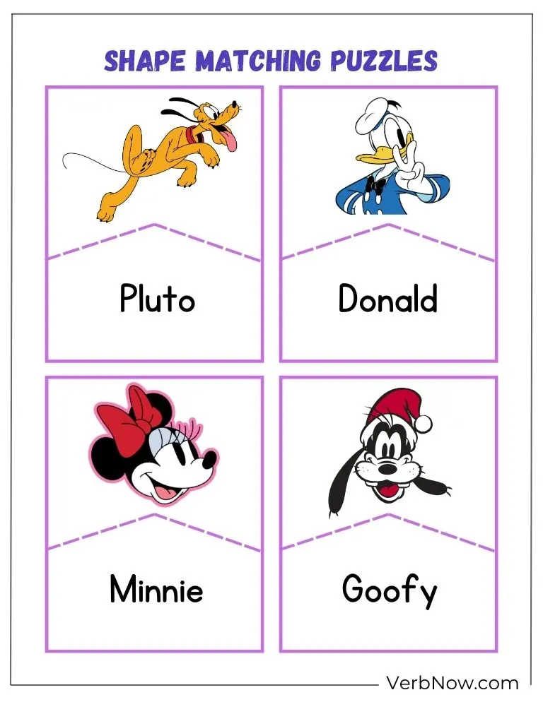 Free Disney Puzzles for Family Fun (100% Printable PDF) Shape matching puzzle with classic Disney characters