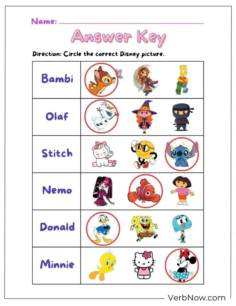 Free Disney Puzzles for Family Fun (100% Printable PDF) Answer key for a Disney character matching activity