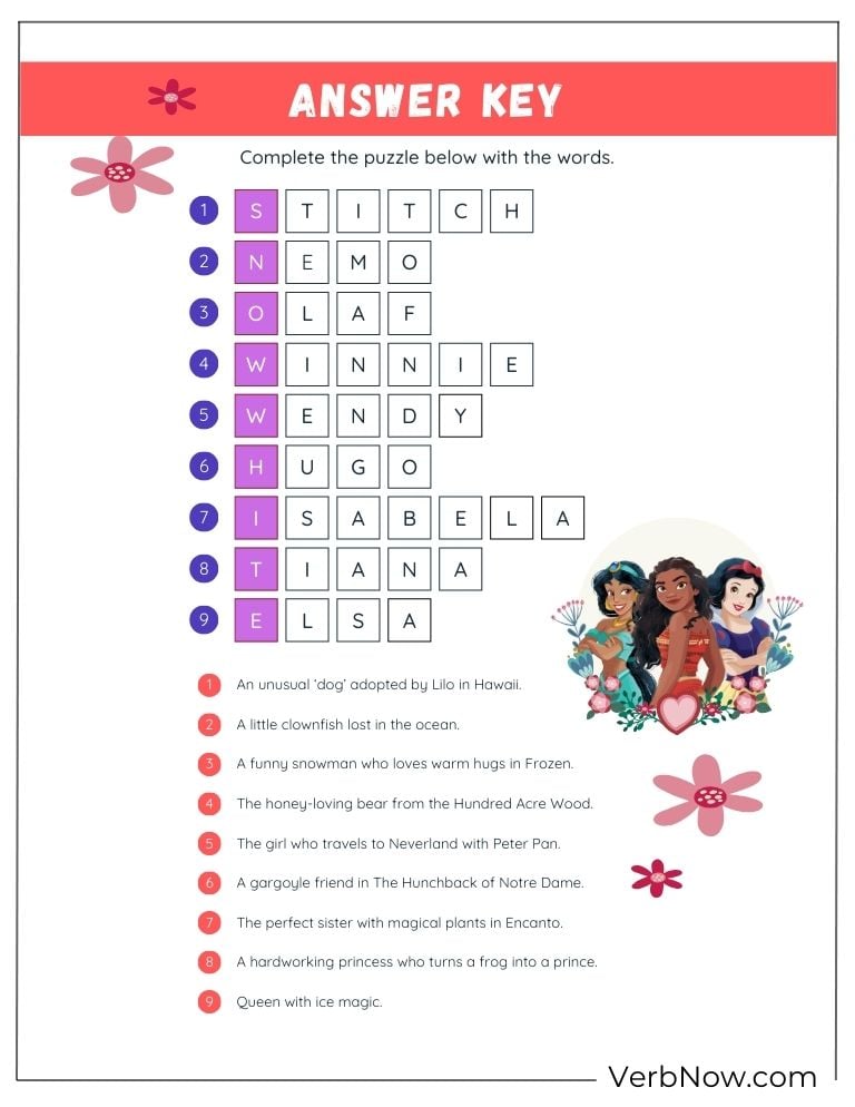 Answer key for a Disney crossword puzzle