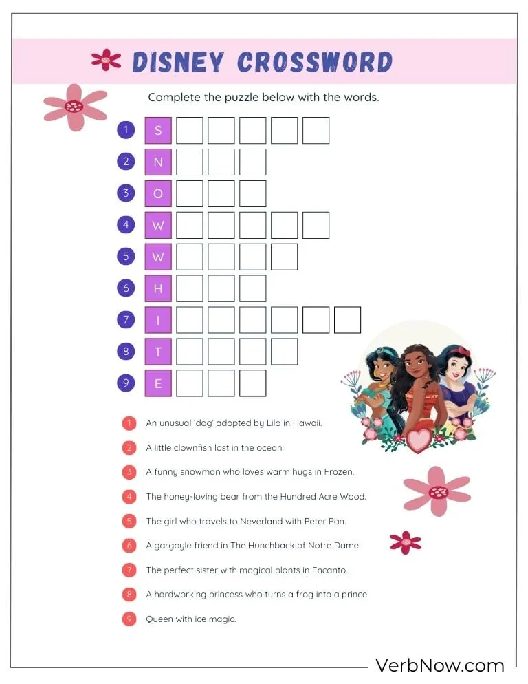 Free Disney Puzzles for Family Fun (100% Printable PDF) A Disney crossword puzzle with character clues