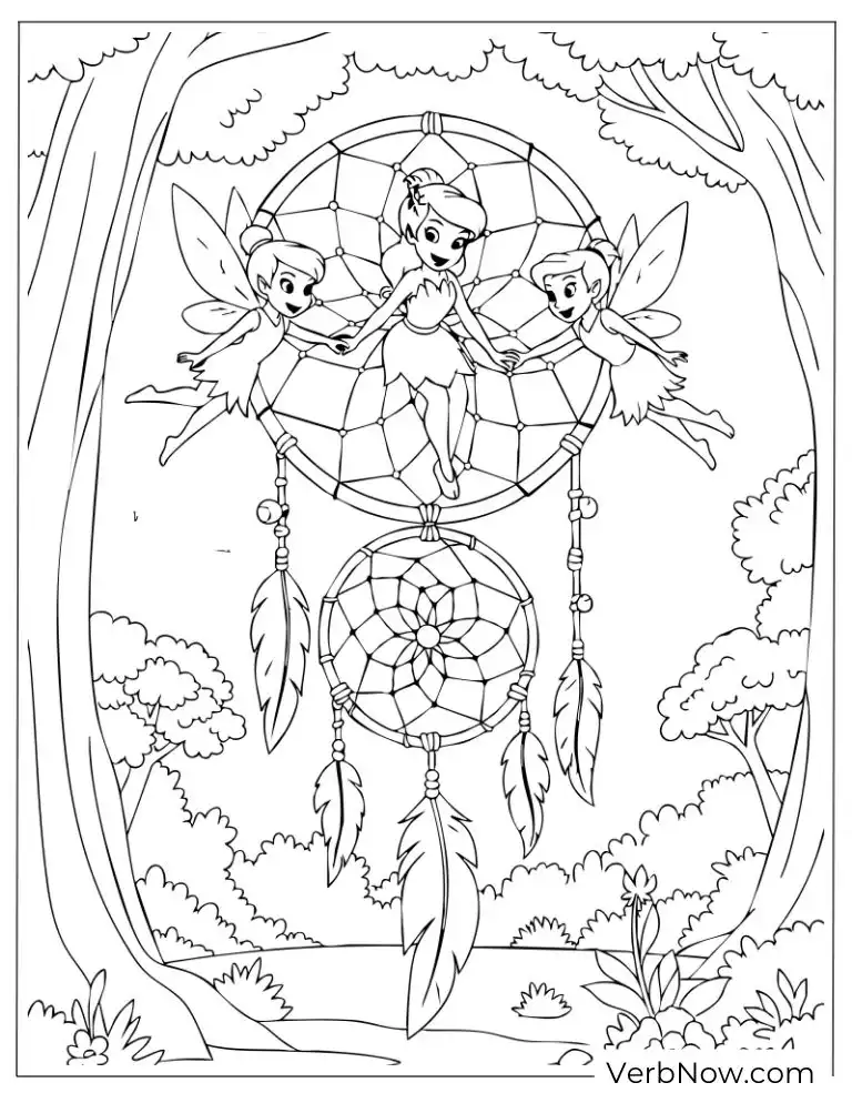 Free Dreamcatcher Coloring Pages (100% Printable PDF) Dreamcatcher with fairies sitting inside it