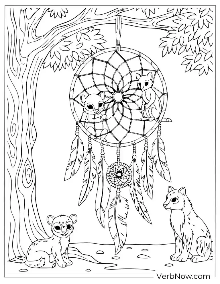 Free Dreamcatcher Coloring Pages (100% Printable PDF) Dreamcatcher with baby animals resting underneath