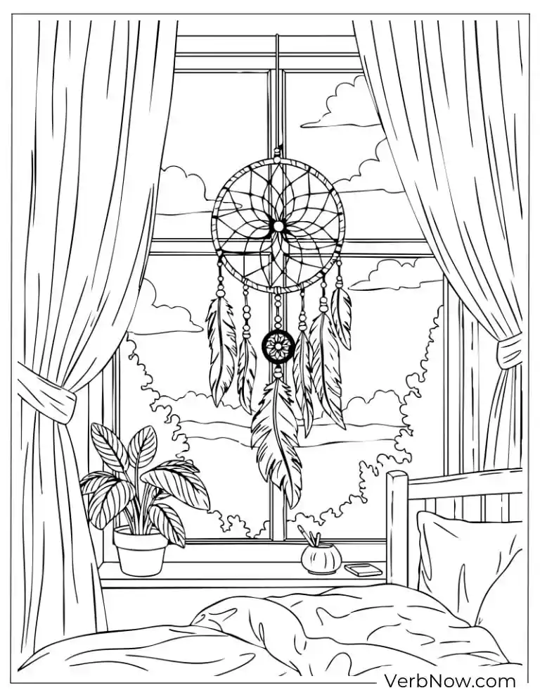 Free Dreamcatcher Coloring Pages (100% Printable PDF) Dreamcatcher by a cozy bedroom window with plants