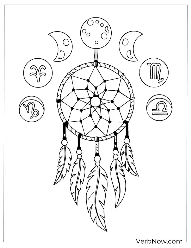 Free Dreamcatcher Coloring Pages (100% Printable PDF) Dreamcatcher with moon and zodiac symbols