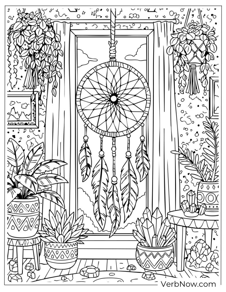 Dreamcatcher hanging among potted plants by a window