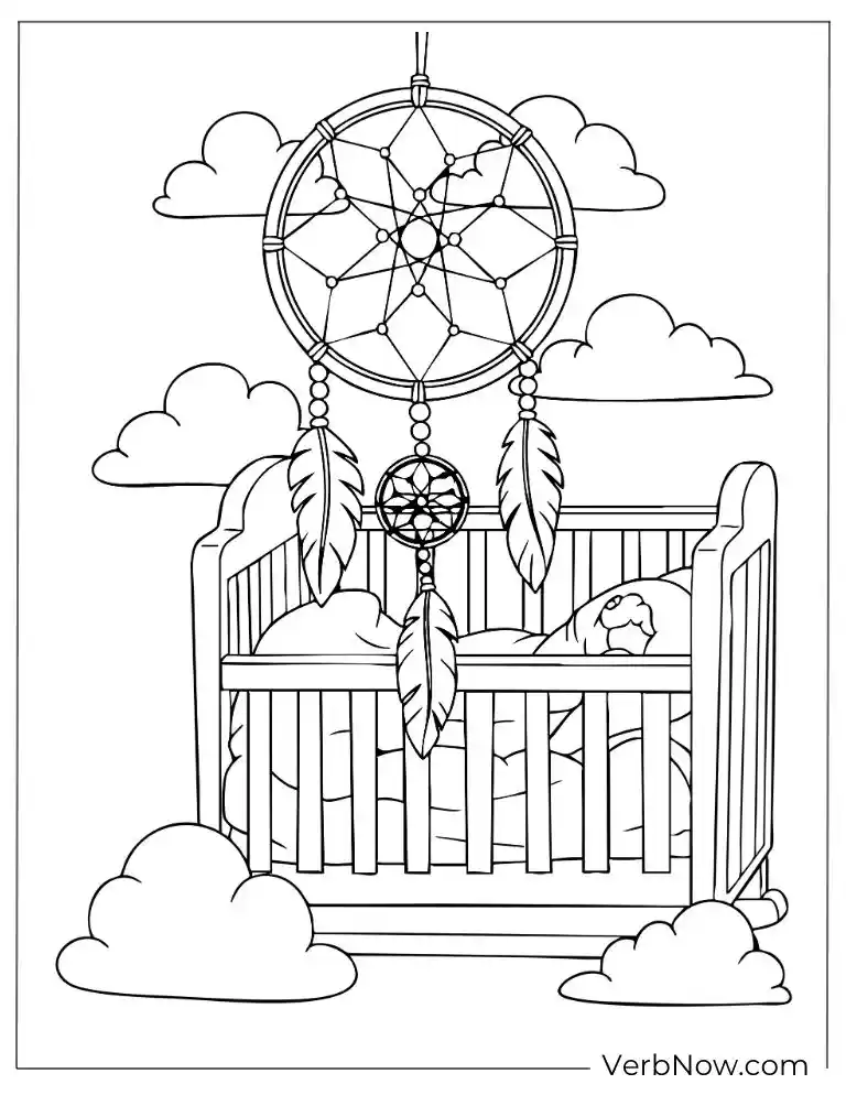 Free Dreamcatcher Coloring Pages (100% Printable PDF) Dreamcatcher above a baby’s crib with clouds