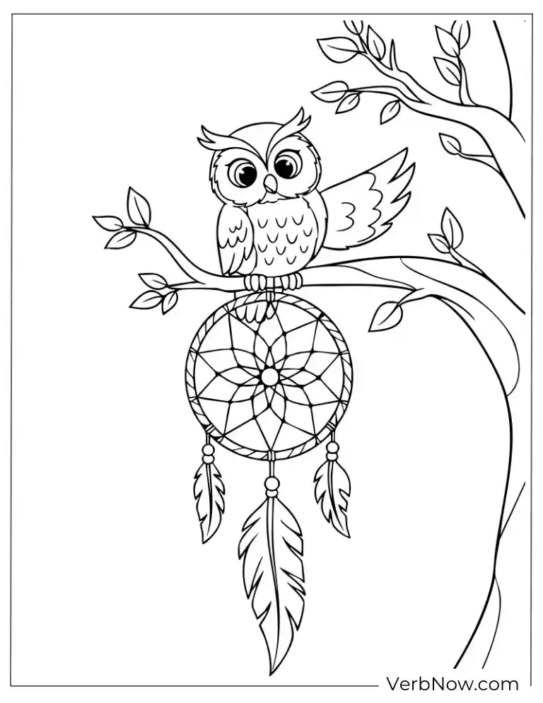 Free Dreamcatcher Coloring Pages (100% Printable PDF) Owl perched on a dreamcatcher