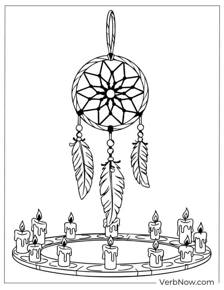 Free Dreamcatcher Coloring Pages (100% Printable PDF) Dreamcatcher surrounded by candles in a circle