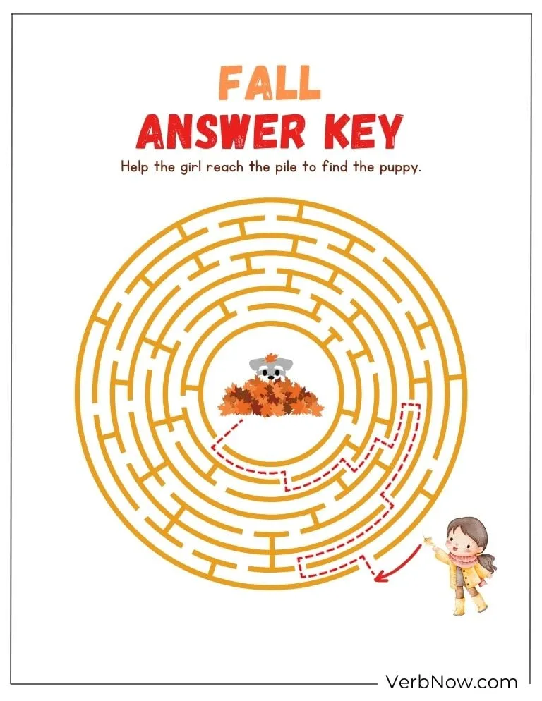 Free Fall Puzzles for Kids and Families (100% Printable PDF) Fall maze answer key – girl finds her puppy.