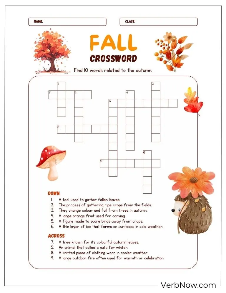 Free Fall Puzzles for Kids and Families (100% Printable PDF) Fall crossword puzzle – word clues about autumn.