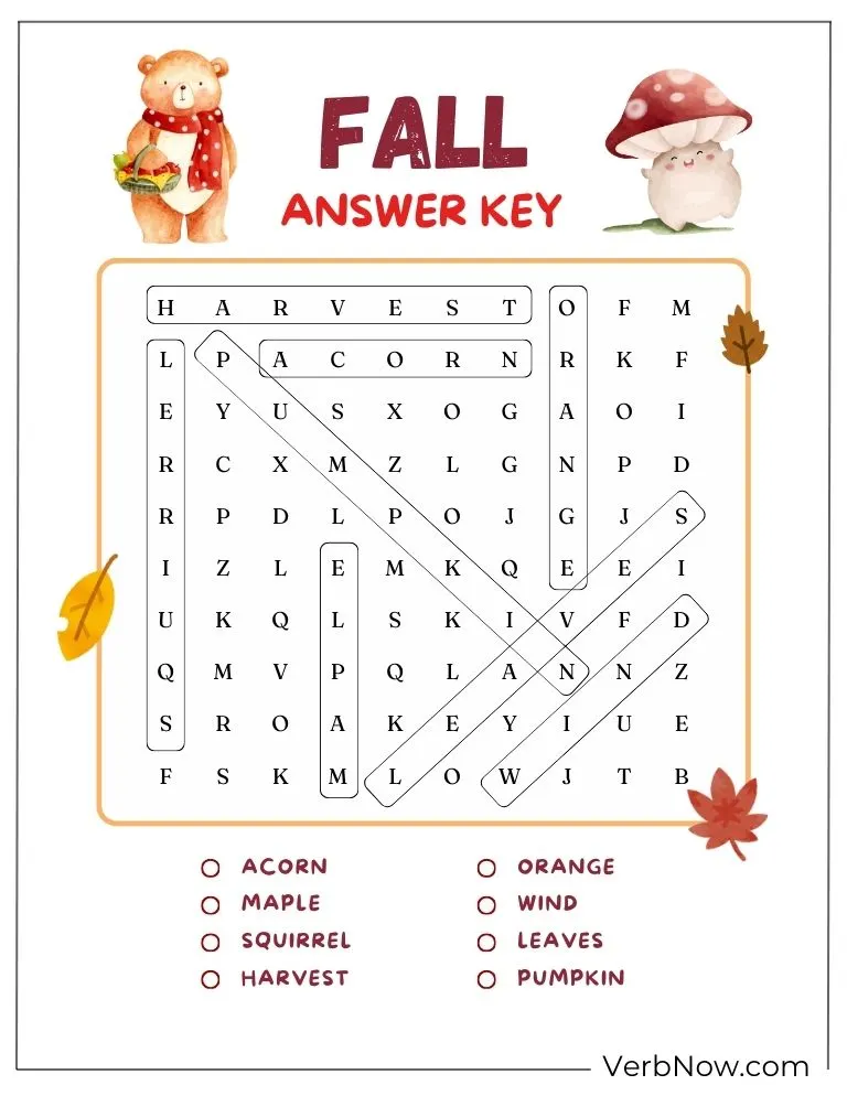Free Fall Puzzles for Kids and Families (100% Printable PDF) Fall word search answer key – circled hidden words.
