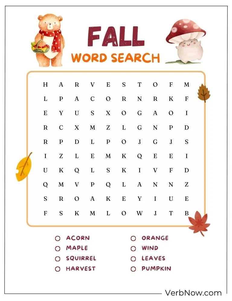 Free Fall Puzzles for Kids and Families (100% Printable PDF) Fall word search puzzle – autumn words to find.